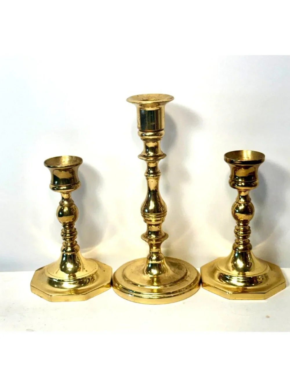 Brass Candlesticks Candle Holders Set of 3 Octagon Base Antique